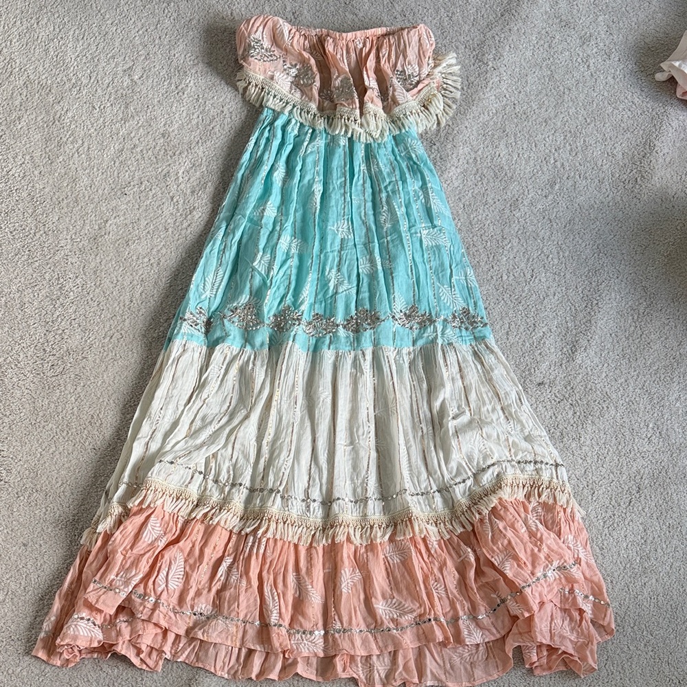 BRAND NEW Bohemian Strapless Maxi Dress in Blue, White, and Peach OS